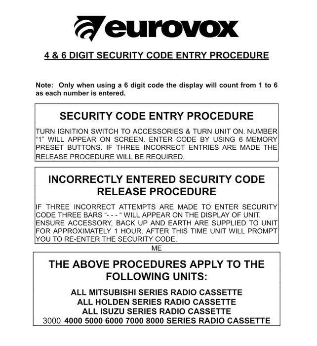 A082 - Eurovox Cassette Stereo - MCC - 6330V with Pin Code: 2443