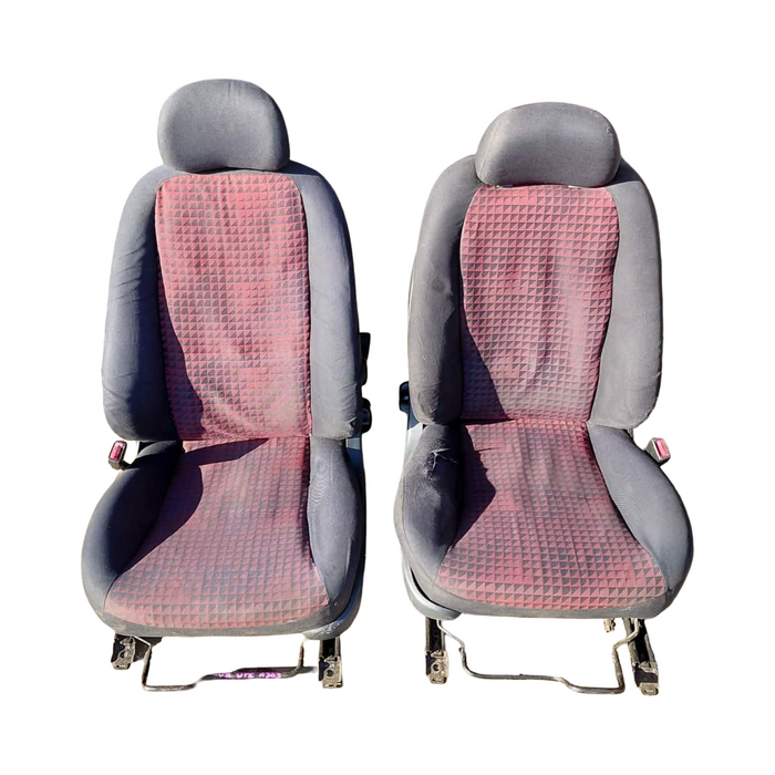 A303 - VZ Holden ONE TONNER Utility - Front Seats (PAIR) w/ Seatbelt Stalks & Seat Rails - RED/BLACK CLOTH