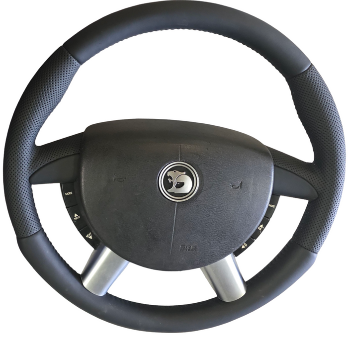 Vx002 - VZ HSV Holden Commodore - NEW RE_TRIM PERFORATED LEATHER Thick Grip Steering Wheel with Hornpad and Buttons