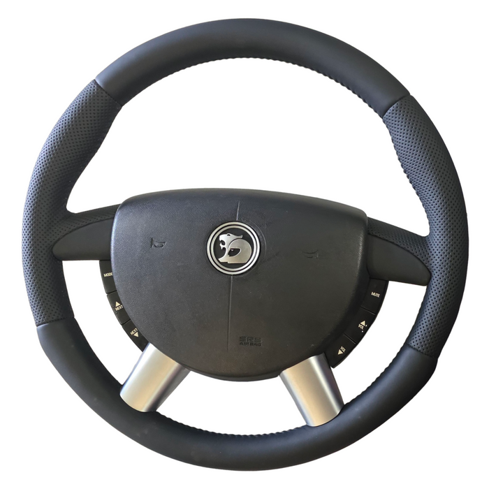 Vx002 - VZ HSV Holden Commodore - NEW RE_TRIM PERFORATED LEATHER Thick Grip Steering Wheel with Hornpad and Buttons