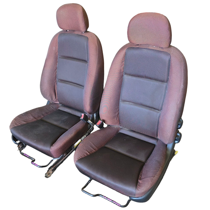 A253 - VZ Holden Crewman - Front Cloth Seats w/ Seatbelt Stalks (PAIR) - RED/BLACK CLOTH