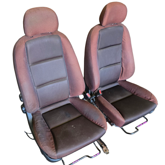 A253 - VZ Holden Crewman - Front Cloth Seats w/ Seatbelt Stalks (PAIR) - RED/BLACK CLOTH