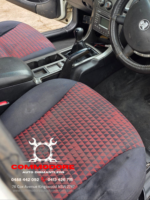 A303 - VZ Holden ONE TONNER Utility - Front Seats (PAIR) w/ Seatbelt Stalks & Seat Rails - RED/BLACK CLOTH