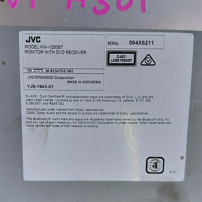 A301 - JVC 6.2" Touch Screen DVD Receiver & Stereo MODEL: KW-V250BT Bluetooth