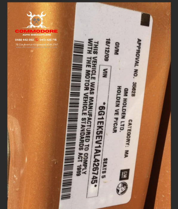 A287 - VE / Holden Commodore SI SV6 LLT Alloytec MYB, Auto 156,XXXkms Paint Code #662R WILDFIRE MICA