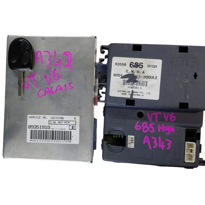 A343 - VT Holden Commodore Calais V6 Auto - Computer Set (BCM 685 High / ECU #16233396 / Key and Fob)