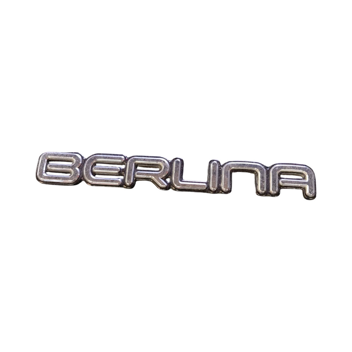 PIC002 - VN-VR Holden Berlina - "BERLINA" Front Guard / Bootlid Badge Genuine - BLACK/CHROME 190mm