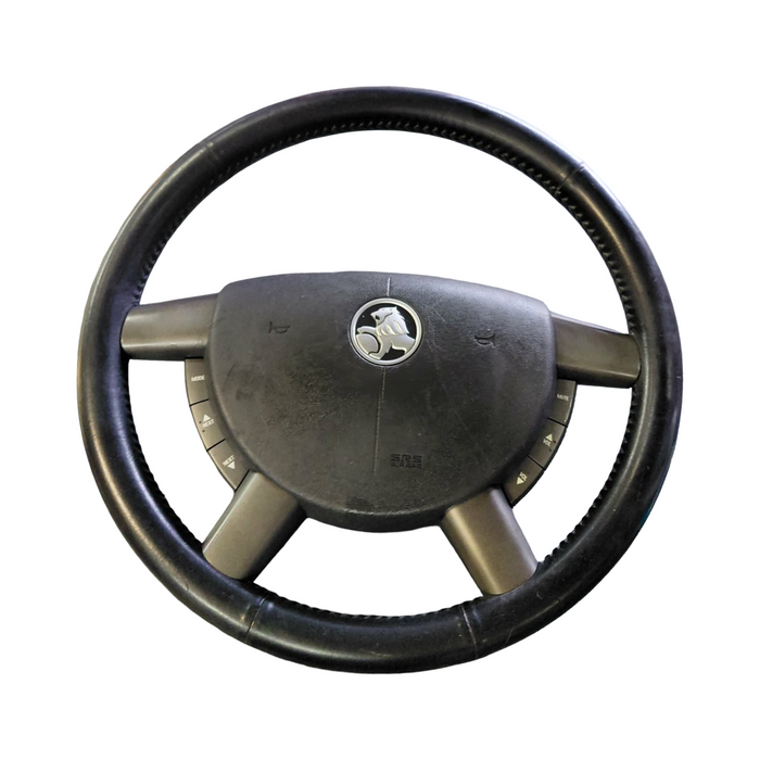 PIC002 - VZ Holden Commodore - Leather Steering Wheel w/ Horn Pad & Switches - BLACK/GREY