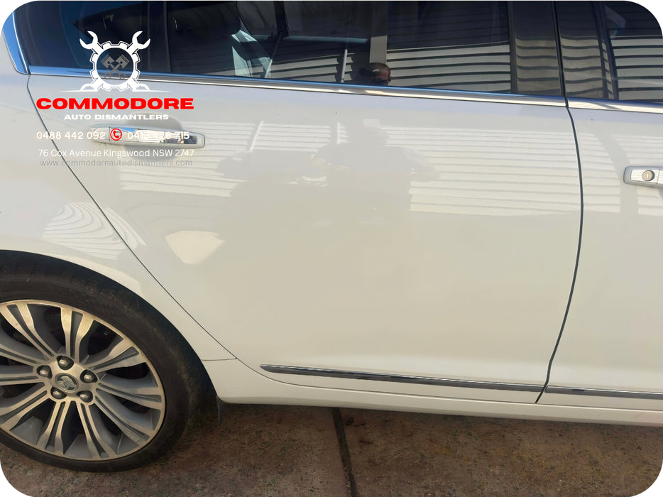 VF001 - VF Holden Calais V Sedan - Driver Rear Door with window glass, reg and ext. Door handle (POWER WINDOWS) - Heron White #679F
