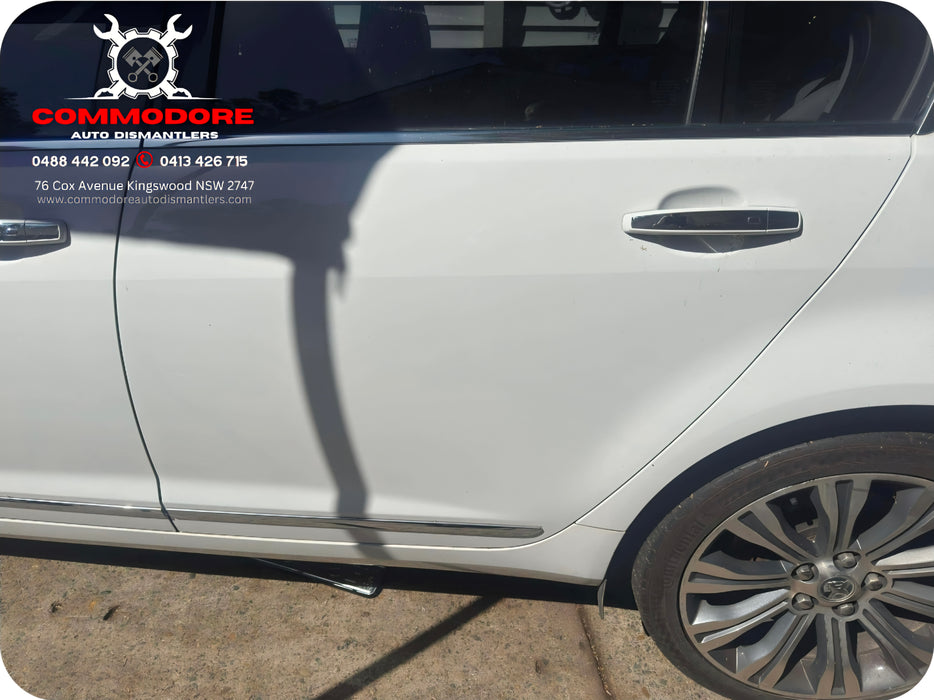 VF001 - VF Holden Calais V Sedan - Passenger Rear Door with window glass, reg and ext. Door handle Heron White #679F